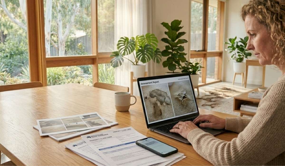 A woman at a timber table reviewing carpet damage photos on a laptop alongside insurance paperwork in a sunlit home.