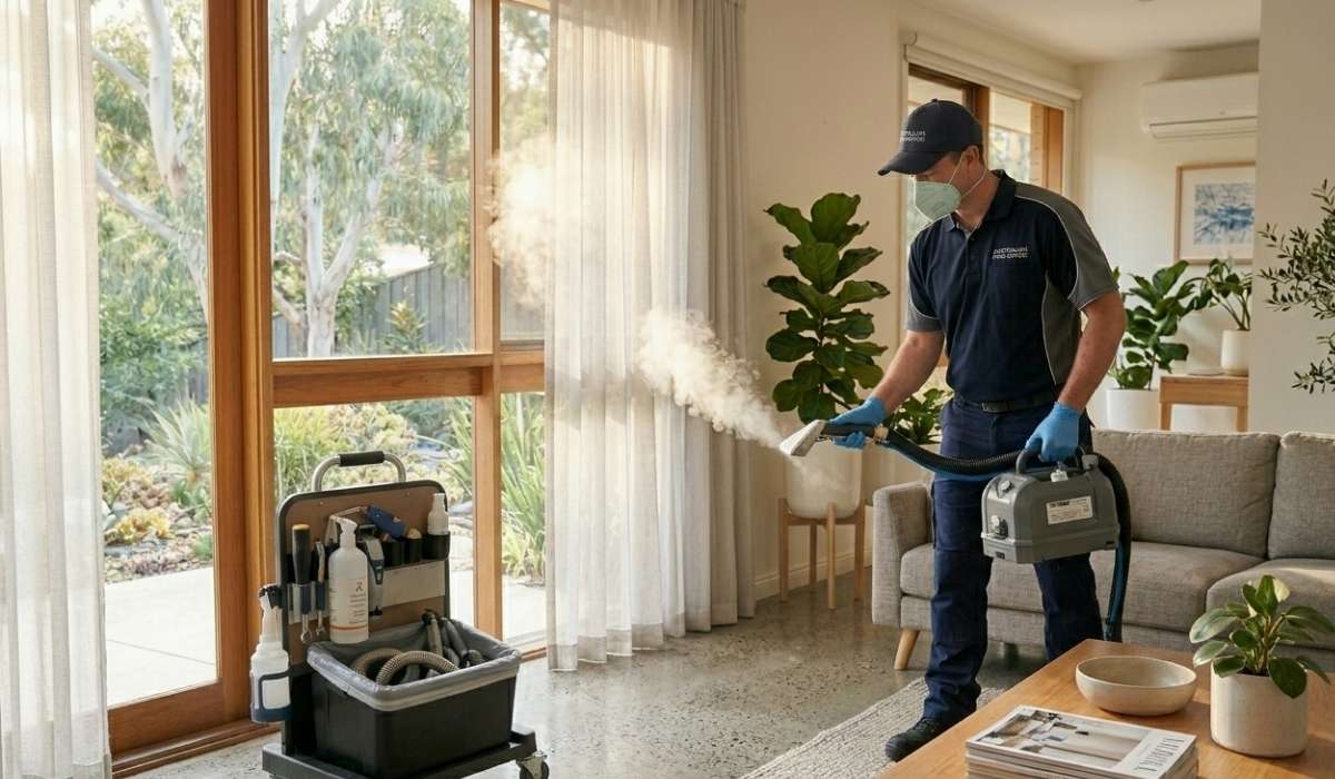A professional technician using a handheld steam cleaner on sheer white curtains in a bright, modern living room.